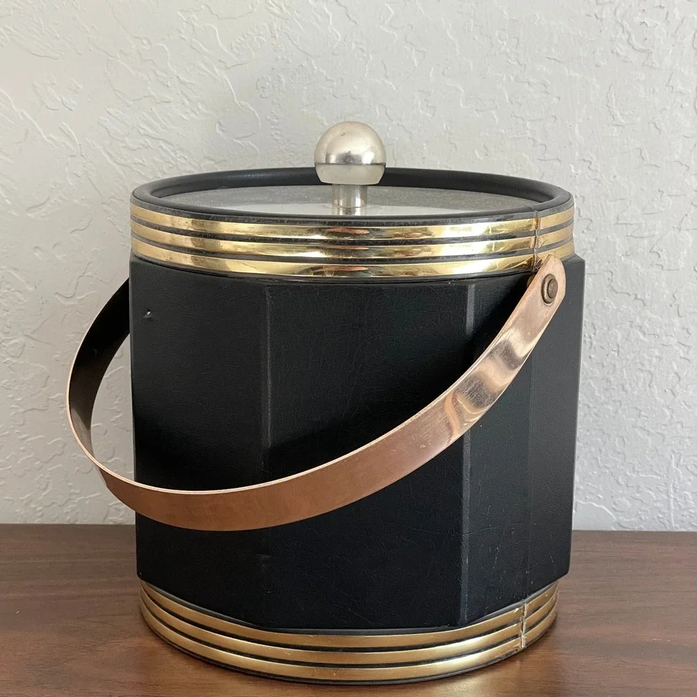 Vintage Barware Ice Bucket Gold Black MCM Bar Cart Lid Handle Party Taiwan